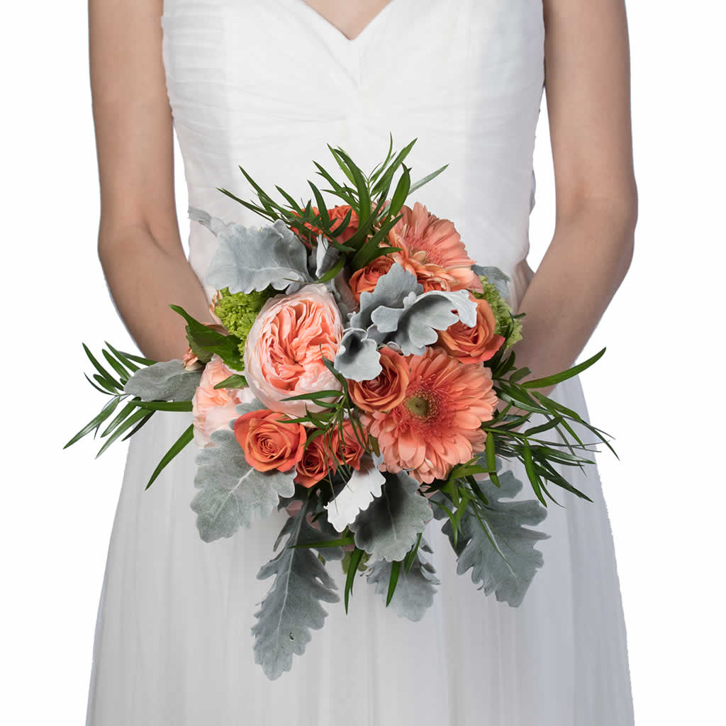 Peach Gerberas Peach Mini Roses Dusty Miller Bridesmaid Bouquet
