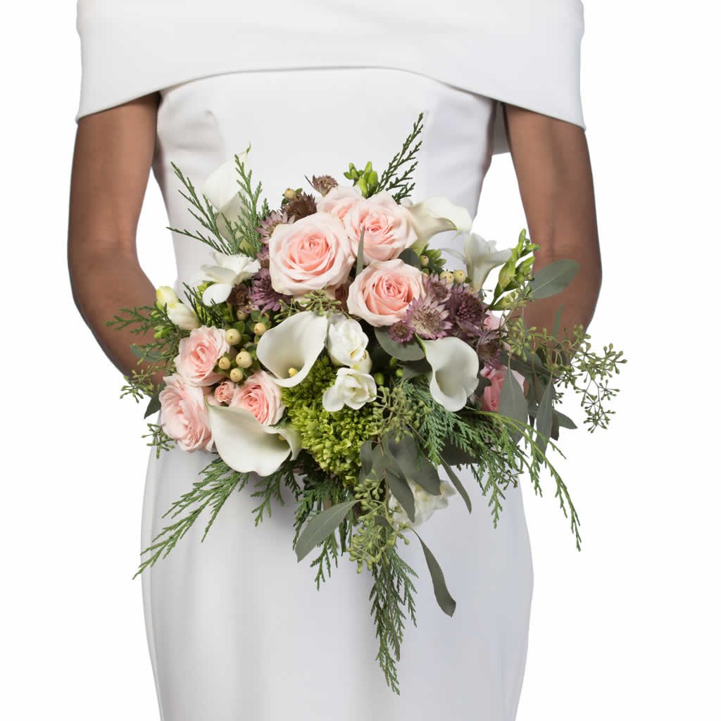 pink roses and white calla lily bouquet Light Pink Roses White Callas Evergreen Bridal Bouquet